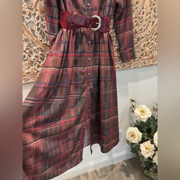Oyrosy Retro Elegant Classy Lapel Reddish Brown Plaid Maxi Dress w/ Pockets - Picture 9 of 16